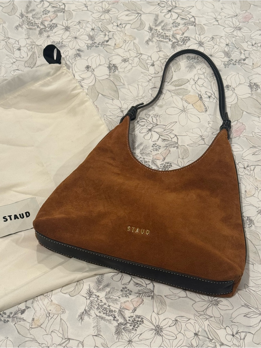 STAUD Brown Suede Shoulder Bag with Black Strap